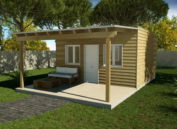 Casa prefabricada de madera 25m2 cubierta plana y porche
