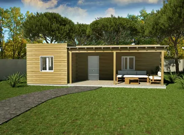Casa prefabricada de madera 83m2 cubierta plana y porche