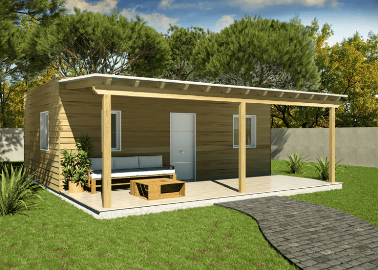 Casa prefabricada de madera 38m2 cubierta plana y porche