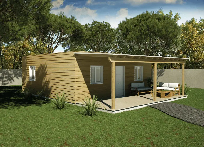 Casa prefabricada de madera 56m2 cubierta plana y porche