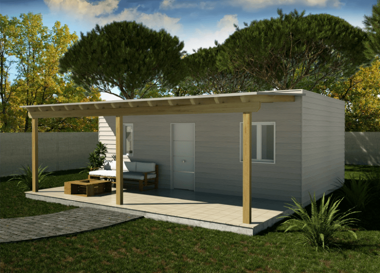 Casa prefabricada de madera cedral 38m2 cubierta plana y porche