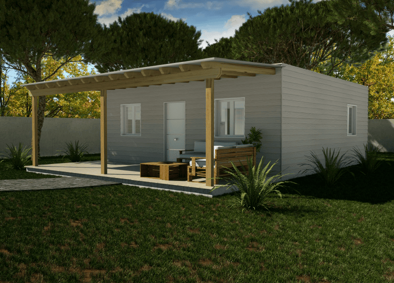 Casa prefabricada de madera cedral 56m2 cubierta plana y porche