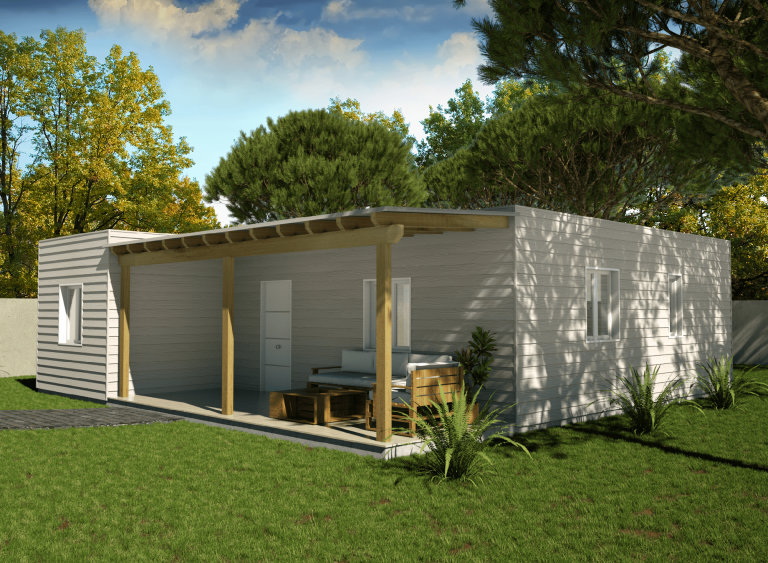 Casa prefabricada de madera cedral 83m2 cubierta plana y porche