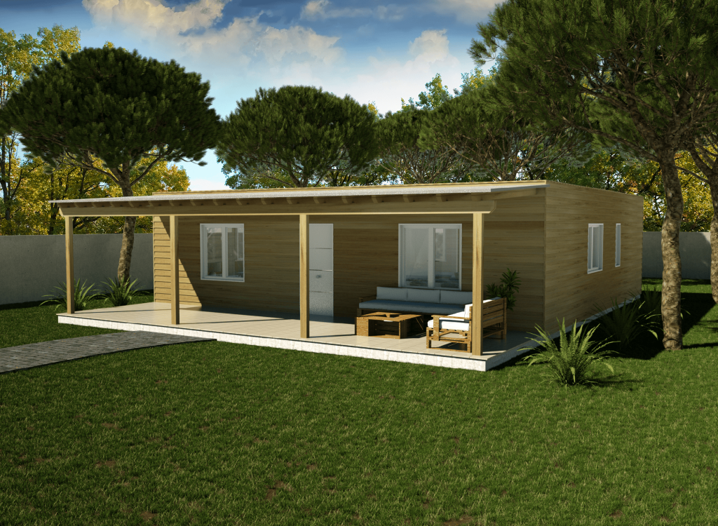 Casa prefabricada de madera 100 m² cubierta plana con porche