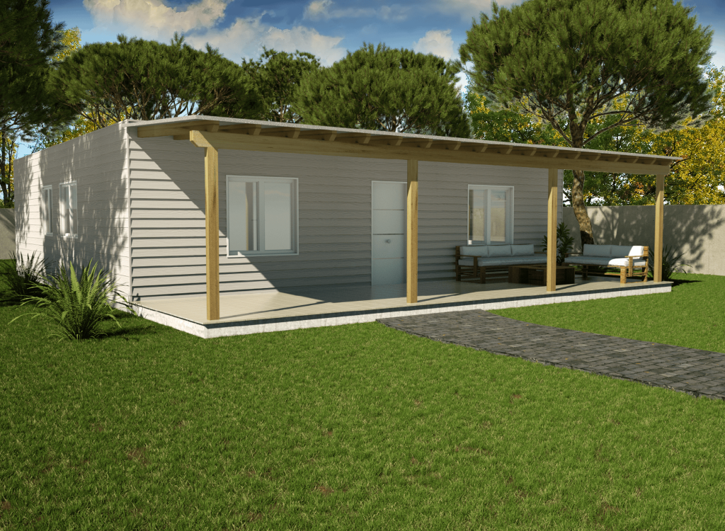 Casa prefabricada de madera cedral 100m2 cubierta plana y porche